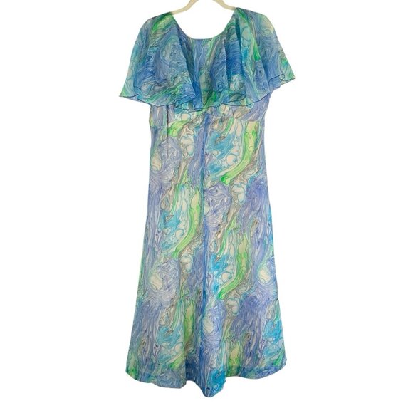 Vintage 1970s Dress Lane Bryant Chiffon Ruffle Maxi Psychedelic Union Tag Trippy - Picture 1 of 16